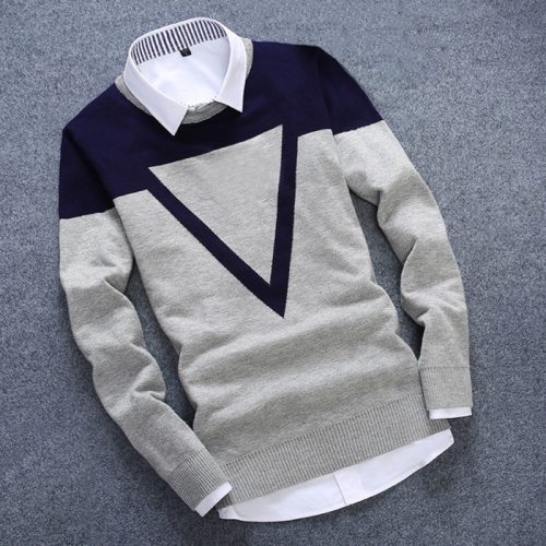 New Knitted Man Sweater Triangle Fashion Men Casual Cotton Autumn Mens Sweaters Fake Shirt Collar Keep Warm Winter Pull Homme