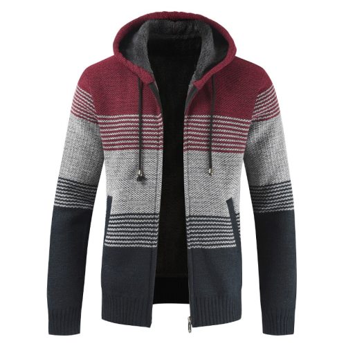 Oufisun Sweater Coat Men 2019 Winter Thick Warm Hooded Cardigan Jumpers  Men Striped Cashmere Wool Liner Zipper Fleece Coats Men