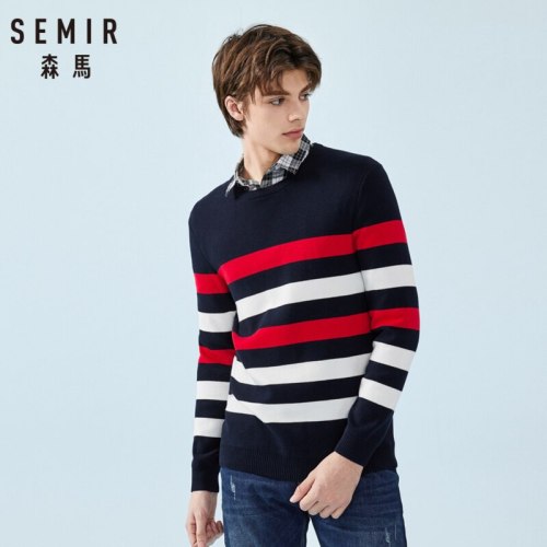 SEMIR Men Striped Fine-knit Sweater Casual Dropped Shoulder Pull-over Sweater with Ribbed Crewneck Cuff and Hem Spring Autumn