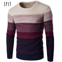 SFIT Autumn Winter Brand Men Sweater O-Neck Striped Slim Men Casual Long Sleeve Patchwork Pollover Sweaters Mens Thin Clothes