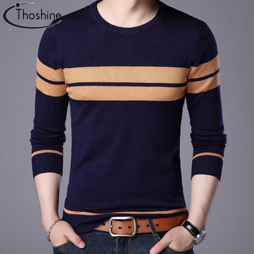 Thoshine Brand Spring Autumn England Style Men Knitted Thin Sweaters Striped Casual Wool Pullovers Male Casual Long shirts Tops