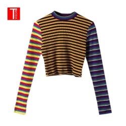 2018 Autumn Women Sweaters Striped High Street Crop Tops Thin Knitted Pullovers Women Streetwear Elasticity Knitwear