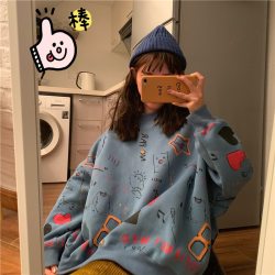 2018 Korean version of the new fashion cute pattern Harajuku style round neck loose long-sleeved casual sweater high quality