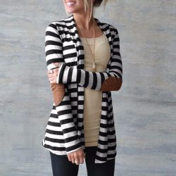 2018 Spring Cardigan Women Long Sleeve Striped Printed Casual Elbow Patchwork Knitted Sweater Plus Size Outerwear