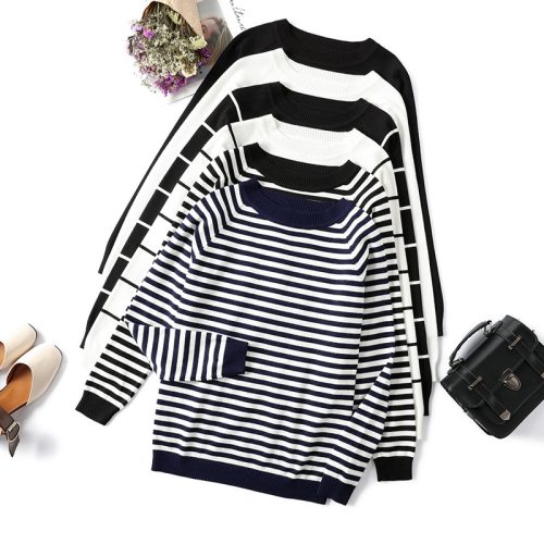 2019 Autumn Winter Long Sleeve Striped Pullover Women Sweater Knitted Sweaters O-Neck Tops Korean Pull Femme Jumper Female White