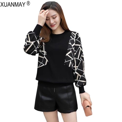 2019 Brand Design Casual Pullover Sweater Spring women lace stitching Knit Sweater Elegant leopard print Black Knitting Top