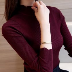 2019 Korean Fashion Women Sweaters and Pullovers Sueter Mujer Ruffled Sleeve Turtleneck Solid Slim Sexy Elastic Women Tops