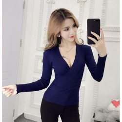 2019 New Sexy Deep V-Neck Ladies Sweater Women's Pullover Casual Slim Bottoming Sweaters Female Elastic Cotton Long Sleeve Tops