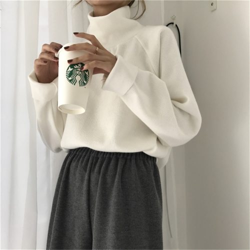 2019 New Women Casual Loose Sweater Autumn Winter Turtleneck Knitted Jumpers Long Batwing Sleeve Crocheted Pullovers Streetwear