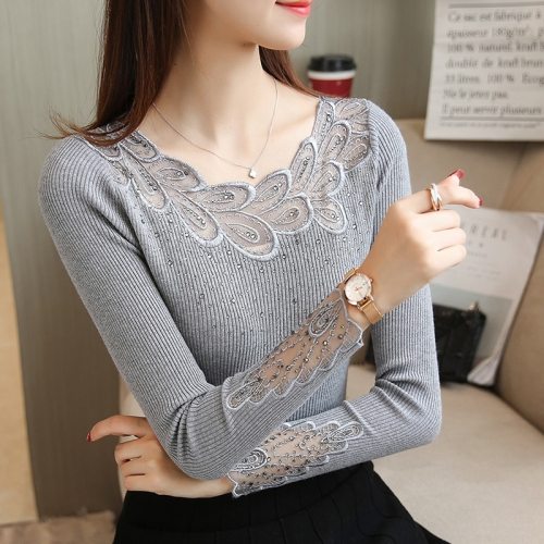 2019 Spring ladies Knitted shirt long-sleeved Women Sweater Korean Style Slim Sexy Patchwork embroidery lace Pullovers Sweater