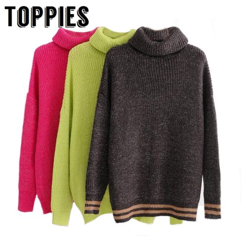 2019 Winter Candy Color Oversized Turtleneck Sweater Hot pink Mustard Color Loose Knitted Jersey