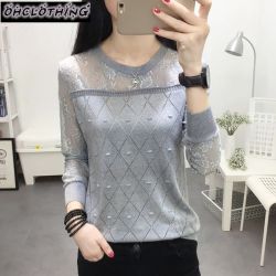 2019 summer NEW collar lace render unlined upper garment to hollow out long sleeve short relaxed joker autumn thin sweater frock