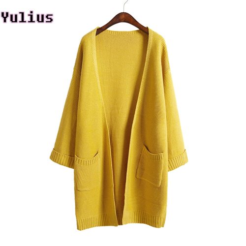 2019 ulzzang Girl Casual Long Knitted Cardigan Autumn Korean Women Loose Solid Color Pocket Design Sweater Jacket Pink Beige