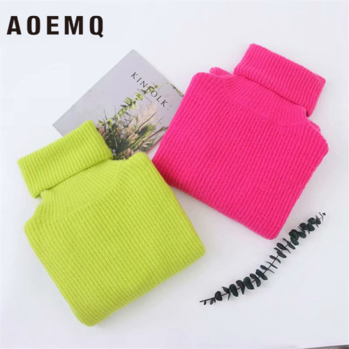 AOEMQ Autumn and Winter New Long Solid Color Thick Sweater Knit Fluorescent High Collar Loose Pullover Sweater Female