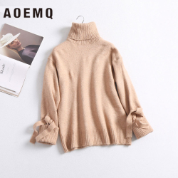 AOEMQ Winter Sweater Solid Striped Casual Home Wear Keep Warm Sweater Thick Hand Made Sweater with Ribbon for Women Clothing