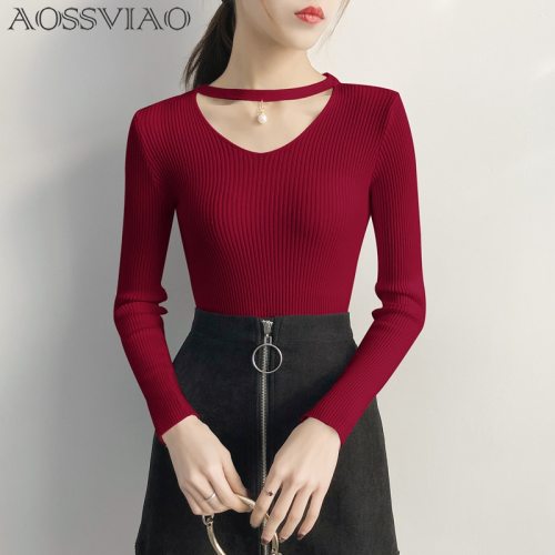 AOSSVIAO V Neck Sweaters Women 2019 Autumn Winter Long Sleeve Sexy Slim Tops Solid Streetwear Knitted Korean Pullover Burgundy