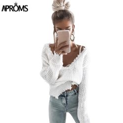 Aproms Tassel Deep V Knitted Pullover Female Autumn Winter White Long Sleeve Knit Crochet Sweaters Women Cropped Jumper Pull Top