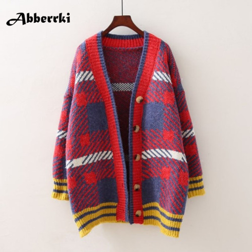 Autumn Sweater Loose Korean Medium Length Long Sleeve V Collar Knitted Stripe Sweater Cardigans Women Jumper Pull Femme