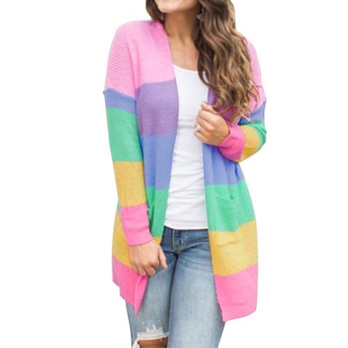 Autumn Sweater Women Long Sleeve Patchwork Knitted Open Front Rainbow Striped Cardigan Women Coat sueter mujer invierno 2019