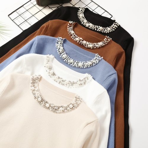 Autumn Winter Women Beaded Sweater 2019 O-Neck elegant sweater Jumper Top Loose Casual Warm Femme Sweater knitting bottom shirt