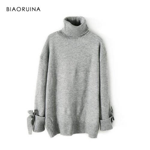 BIAORUINA Women's Fashion All-match Loose Knitted Sweater Ladies Casual Turtleneck Pullovers Bow Lace Up Warm Sweet Sweaters