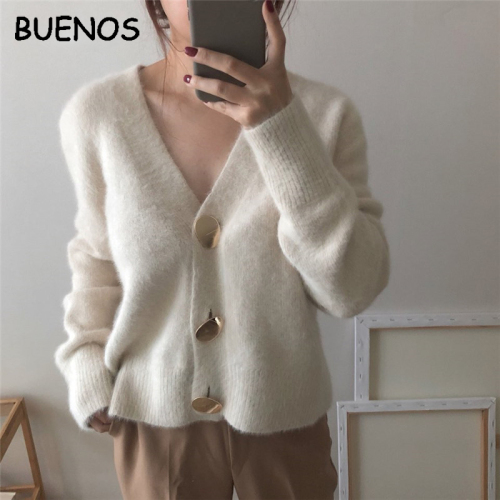 BUENOS autumn winter clothes women sweater jacket Korean style 2019 new knitted casual V-neck velvet solid color lazy cardigan