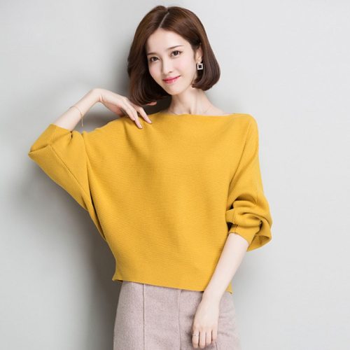 Batwing Sleeve Loose Autumn Women Pullover Sweater Yellow Knit Fashion Female Pull New Arrival Striped Pullovers and Sweaters