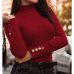 Button Sleeve Knitted Sweater Solid Pullovers Causal Thin 2019 Women Turtleneck Office Lady Sweaters Knitting Female Knit Tops