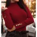 Button Sleeve Knitted Sweater Solid Pullovers Causal Thin 2019 Women Turtleneck Office Lady Sweaters Knitting Female Knit Tops