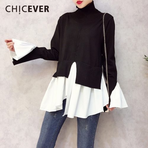 CHICEVER 2019 Spring Patchwork Pullovers Knitted Sweater For Women Turtleneck Flare Sleeve Irregular Female Jumper Sweaters Tide