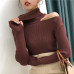 Colorfaith Women Pullovers Sweater 2019 Knitting Autumn Winter Turtleneck Sexy Hollow Out Off Shoulder Casual Ladies Tops SW755