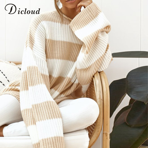 DICLOUD Casual Oversized Striped Sweater Women Autumn 2019 Batwing Long Sleeve Loose Pullover Winter Knitted Ladies Jumper White