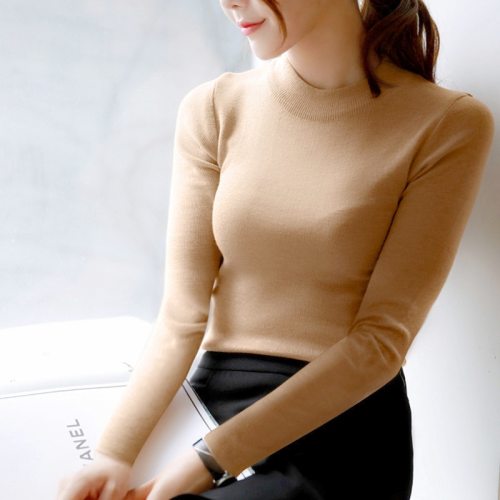 FEKEHA Autumn Winter Women Pullovers Sweater Knitted Elasticity Jumper Slim Half Turtleneck Warm Female White Black Sweaters