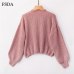 FSDA Pink Short Loose Sweater Women Black White Long Lantern Sleeve Pullover O Neck Casual Sweet Cute Office Knit Crop Sweater