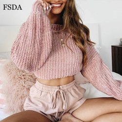 FSDA Pink Short Loose Sweater Women Black White Long Lantern Sleeve Pullover O Neck Casual Sweet Cute Office Knit Crop Sweater