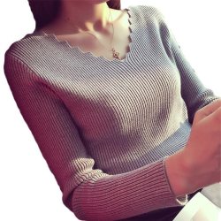 Fashion Autumn Women V-neck Long-sleeve Knitted Sweater Female Jumper Pullover Solid Basic Elasticity Women Clothing Pull Femme