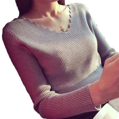 Fashion Autumn Women V-neck Long-sleeve Knitted Sweater Female Jumper Pullover Solid Basic Elasticity Women Clothing Pull Femme