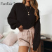 Forefair Casual Turtleneck Sweater Woman Winter Knitting Pullovers Lantern Sleeve Short Black White Knitted Solid Jumper Women