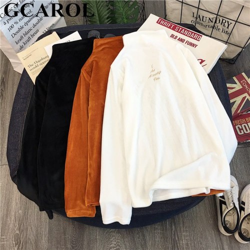 GCAROL New Fall Winter Stand Collar Women Corduroy Undershirt Full Sleeve Thick Corduroy Sweater Stretch Slim Fit Pullover