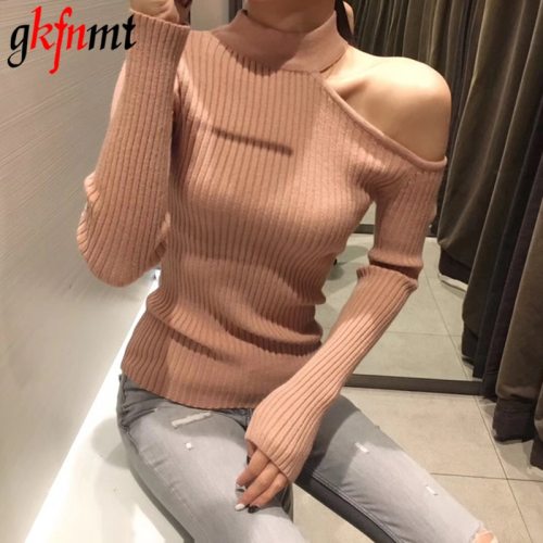 Gkfnmt Sexy off shoulder knitted sweater Women elegant solid skinny slim pullover and sweater 2018 Autumn winter jumpers Pink