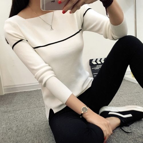 HAO HE SHEN Insert 2019 new spring autumn knit female Korean striped shirt collar sweater slim black and white female