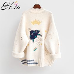 HSA 2018 Autumn Winter Women Sweater Cardigans Cartoon Embroidery Cardigans Poncho Single Breasted Knit Sweater Harajuku out Top