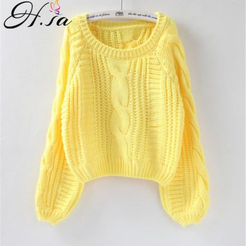 H.SA Roupas femininas Women Pull Sweaters 2018 New Yellow Sweater Jumpers Candy Color Harajuku Chic Short Sweater Twisted Pull