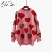 H.SA Women Oversized Sweater and Pullovers Oneck Sweet Heart Letters Printed Pull Jumpers Long SLeeve Pink Streetwear Knit Tops