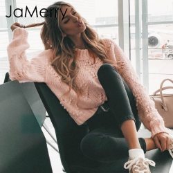 JaMerry Vintage pink hairball autumn winter sweaters ladies Long sleeve casual pullover 2019 Fashion chic loose knitted jumper