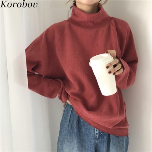 Korobov 2019 New Turtleneck Long Sleeve Women Sweater Solid Sueter Mujer Loose Casual Sweaters Korean Female Pullovers 75642