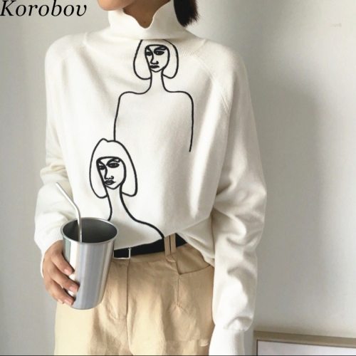 Korobov Korean Women 2019 New Sweaters Cartoon Embroidery Female Jumper Long Sleeve Pullover Turtleneck Mujer Sueter 76271