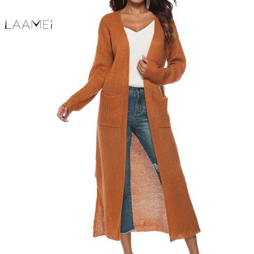 Laamei New European Women Autumn Split Slim Cardigan Long Sleeve Loose Asymmetric Batwing Pocket Thicken Cardigan Women Sweaters