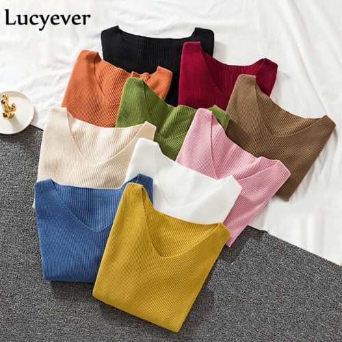 Lucyever Autumn Sweater Women Pullover Elastic Knitted Jumper Long Sleeve V-neck Winter Basic Female Top Knitwear Sueter Mujer