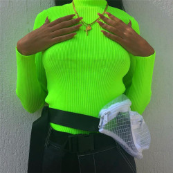 NCLAGEN 2019 Spring Women Turtleneck Ribbed Sweaters Long Sleeve Fluorescent Color Pullovers Slim Solid Color Mujer Warm Sweater